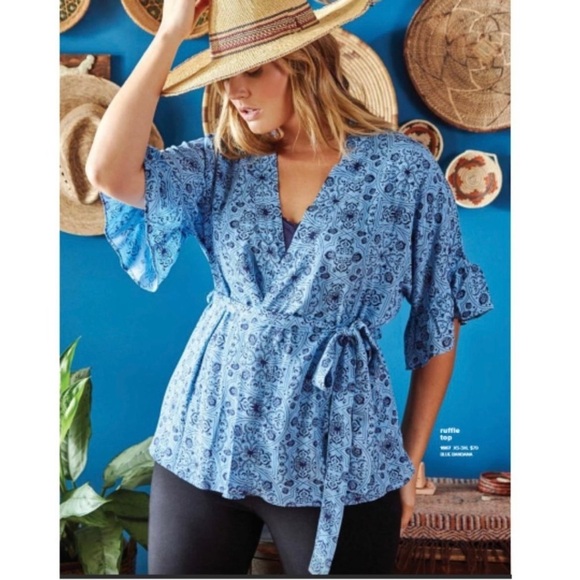 Ruby Ribbon Ruffle Wrap Blue Floral Top - Picture 2 of 13